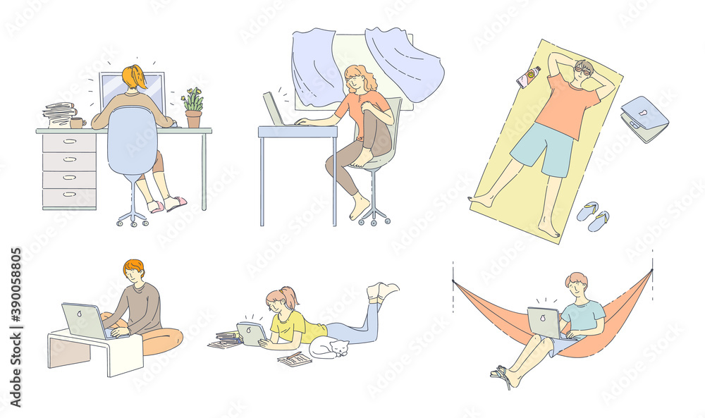 Freelance people work at home and outdoor. They work at home, comfortably organize their workspace, resting in nature lying in hammock on beach. Freelancers working on laptops, tablet flat