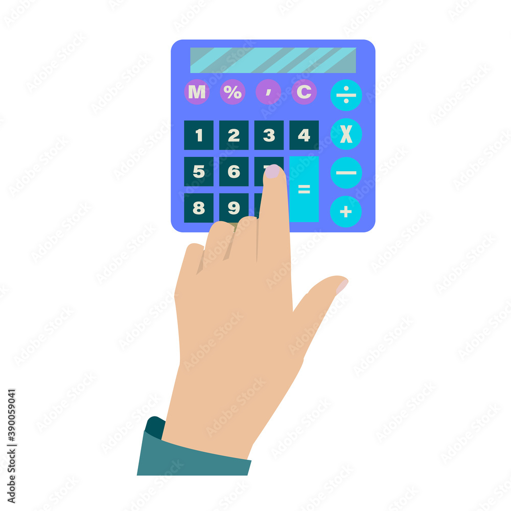 Calculation concept, icon. Businessman counting earnings on the calculator. Vector flat illustration of man hand and electronic calculator. Isolated on white background template. infographic for web. Calculation concept, icon. Businessman counting earnings on the calculator. Vector flat illustration of man hand and electronic calculator. Isolated on white background template. infographic for web.