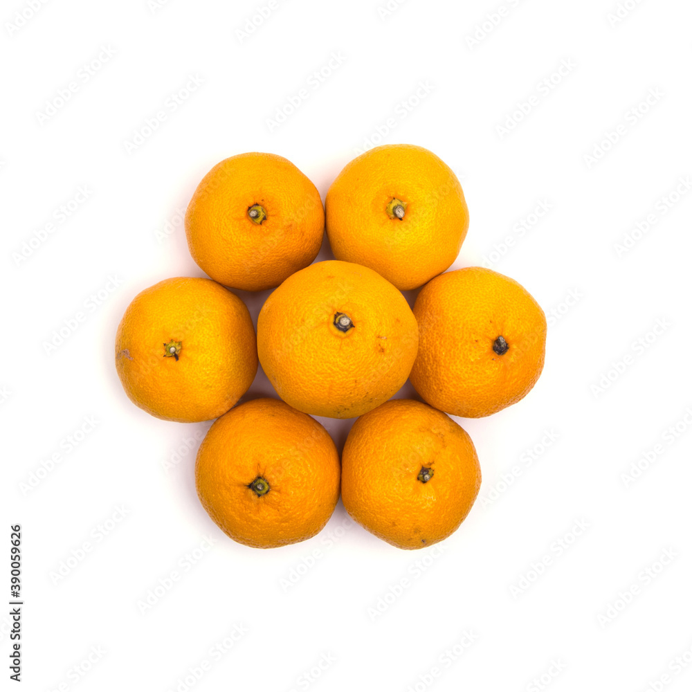 Tangerines on a white background, isolated, copy space, top view, close-up Tangerines on a white background, isolated, copy space, top view, close-up