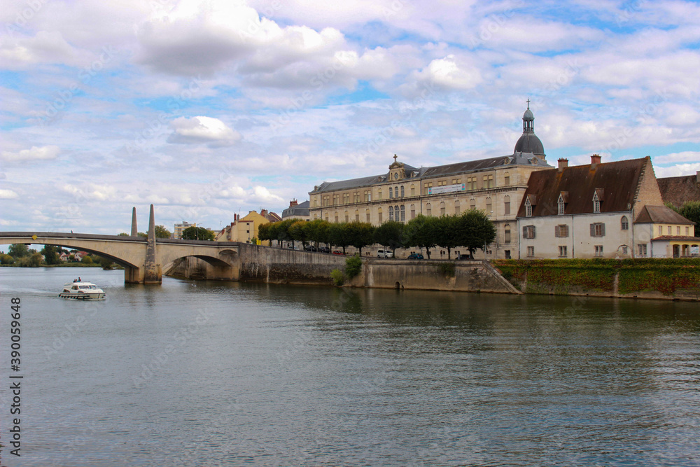 beautiful embankment with architectural buildings, in France in the city of Chalon-sur-Saone