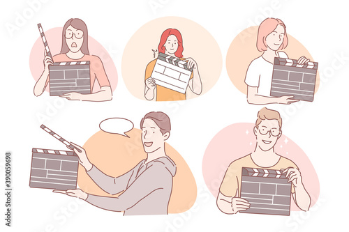 Filmmaking workers with clapperboard concept. Young positive men and women working in cinema production with movie clapperboard and clapping for another take during filmmaking vector illustration 