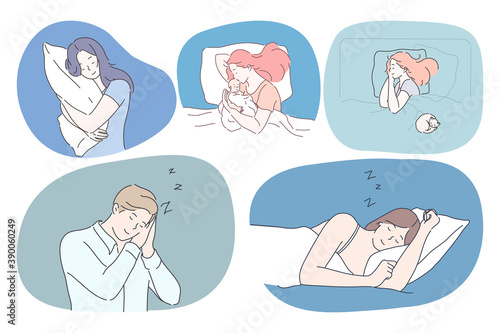 Sleeping, relaxation and comfortable rest concept. Young women and man alone or with child napping and sleeping in different poses in beds with pillows under blankets vector illustration
