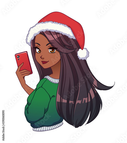Cute cartoon american african girl with long hair taking selfie and wearing Christmas hat.