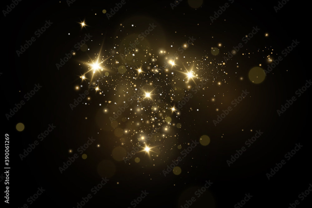 Christmas light effect. Sparkling magical dust particles.The dust sparks and golden stars shine with special light. - obrazy, fototapety, plakaty 