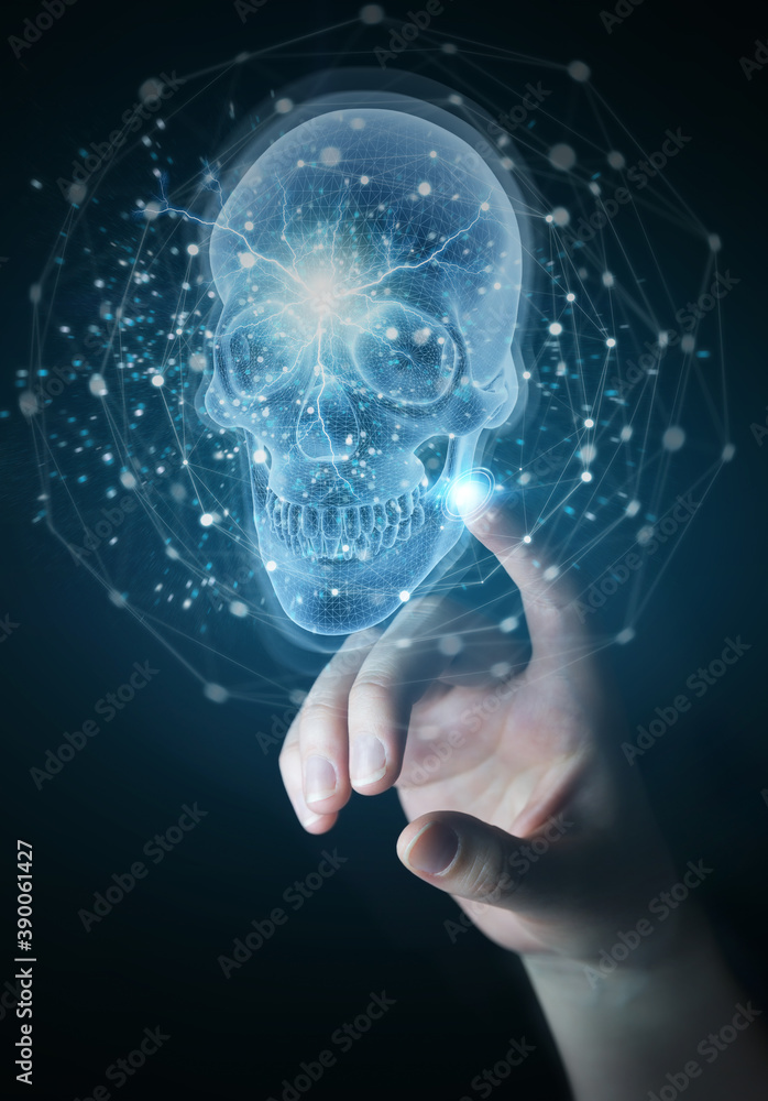 Man hand using digital x-ray skull holographic scan projection 3D rendering Man hand using digital x-ray skull holographic scan projection 3D rendering