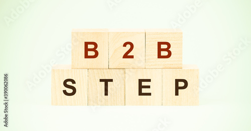 words b2b step made with small wooden blocks on light green