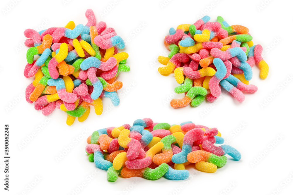Juicy colorful jelly sweets isolated on white. Gummy candies. Snakes. Juicy colorful jelly sweets isolated on white. Gummy candies. Snakes.