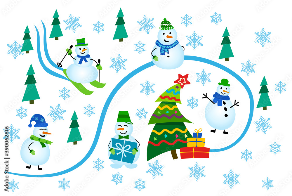 Winter greeting card. Snowman in the winter forest go to the Christmas tree. Vector flat illustration on white background.
