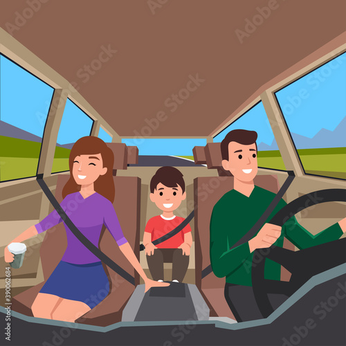 family driving to a road trip. View from interior of the car with father,mother, and their son sitting happily wearing seatbelt. Flat vector illustration