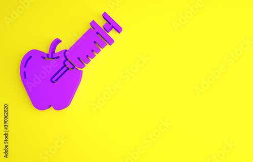 Purple Genetically modified apple icon isolated on yellow background. GMO fruit. Syringe being injected to apple. Minimalism concept. 3d illustration 3D render.