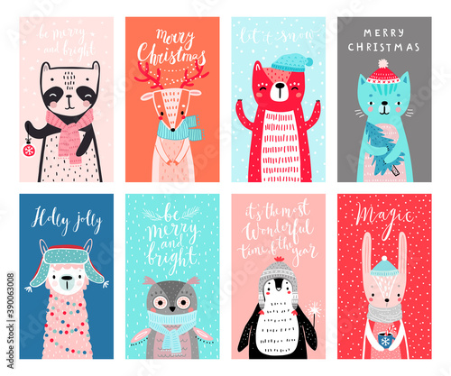 Cute cards with woodland animals celebrating Christmas eve, having fun, drinking tea. Funny characters.