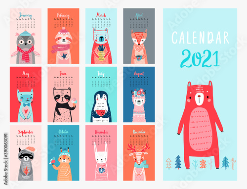Calendar 2021. Monthly calendar with cute Animals.