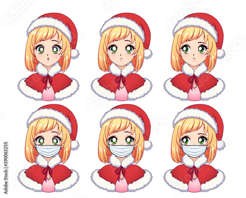 Anime expressions set. Kawaii blonde girl wearing Christmas costume and medical mask.