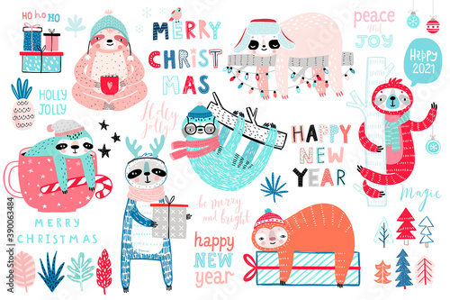 Christmas Sloths set, hand drawn style - calligraphy, cute sloths and other elements..