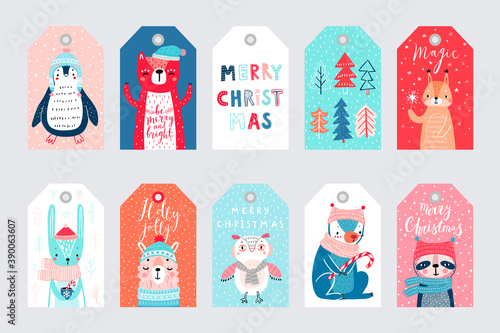 Cute gift tags with woodland animals celebrating Christmas eve, having fun, and handwritten letterings. Funny characters.