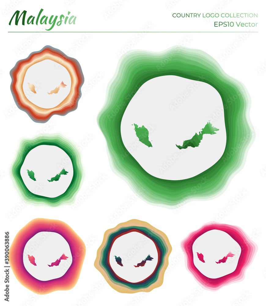 Malaysia logo collection. Colorful logo of the country. Unique layered dynamic frames around Malaysia border shape. Vector illustration. Malaysia logo collection. Colorful logo of the country. Unique layered dynamic frames around Malaysia border shape. Vector illustration.
