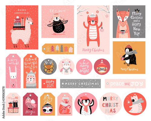 Cute gift tags with woodland animals celebrating