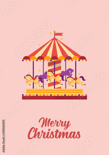 Merry Christmas greeting card Colorful carousel with horses