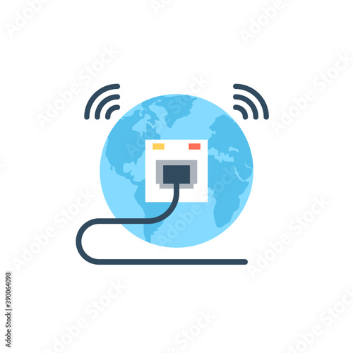 
A plugged wire in a port with the wi fi signals in this icon signifying the idea of internet connection.
