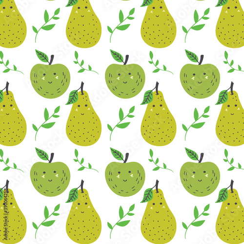 Apple and pear pattern. Fruit seamless green yellow vector background