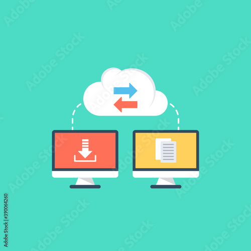 
Different computers linked each other with the image of cloud behind representing the concept of networking
