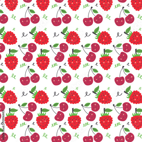 Cherry and raspberry pattern. Fruit seamless red pink vector background