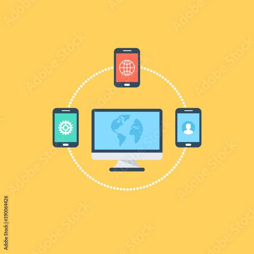 
Different computers linked each other with the image of cloud behind representing the concept of networking
