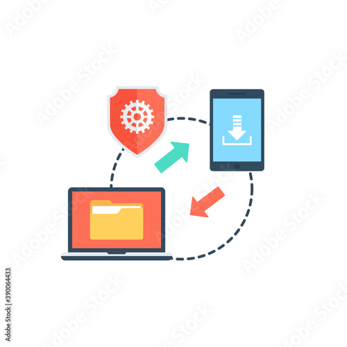 
Different computers linked each other with the image of cloud behind representing the concept of networking

