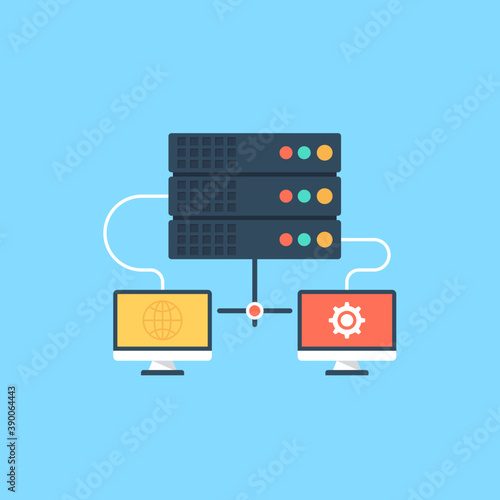 
Different computers linked each other with the image of cloud behind representing the concept of networking
