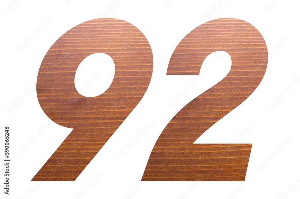 Number 92 with brown wooden texture on white background. Number 92 with brown wooden texture on white background.