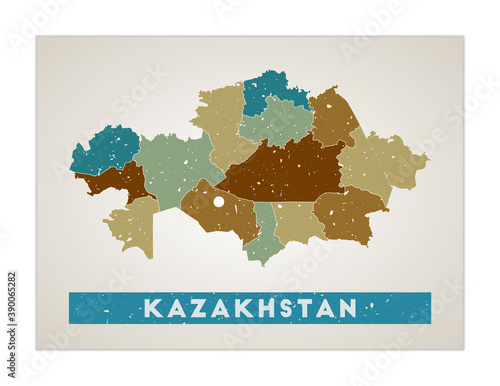 Kazakhstan map. Country poster with regions. Old grunge texture. Shape of Kazakhstan with country name. Vibrant vector illustration.