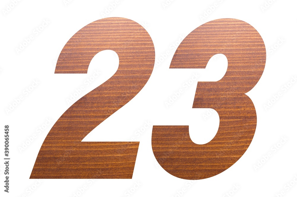 Number 23 with brown wooden texture on white background. Number 23 with brown wooden texture on white background.