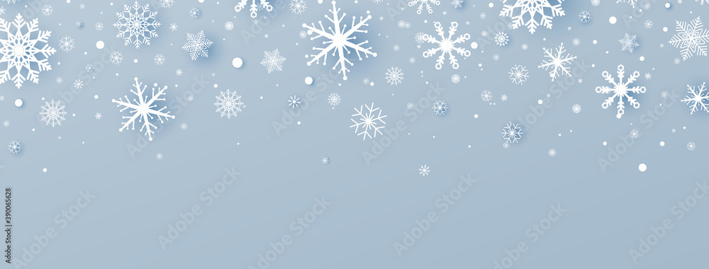 Christmas decoration with white paper cut snowflakes and falling snow. Winter Holiday greeting card. Luxury blue long banner. New Year snowflakes frame. Party background. Vector illustration - obrazy, fototapety, plakaty 
