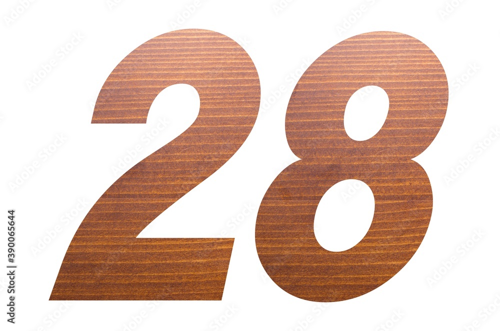 Number 28 with brown wooden texture on white background. Number 28 with brown wooden texture on white background.