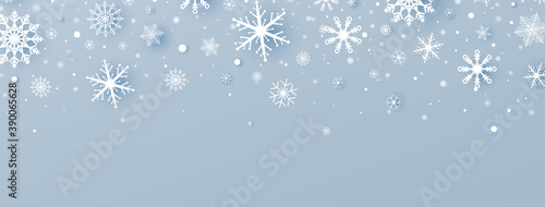 Christmas decoration with white paper cut snowflakes and falling snow. Winter Holiday greeting card. Luxury blue long banner. New Year snowflakes frame. Party background. Vector illustration