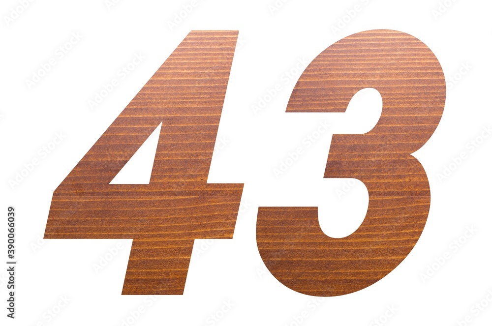 Number 43 with brown wooden texture on white background. Number 43 with brown wooden texture on white background.