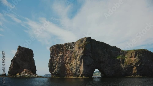 Slow Motion of Rocher Percé in Quebec, Canada from a Boat