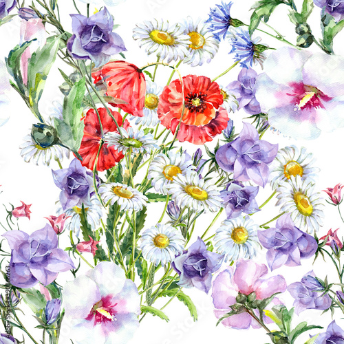 Watercolor of different meadow flowers.  Seamless pattern on a white background. Illustration for decoration.