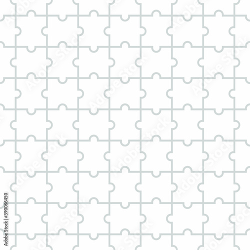 Puzzle seamless background. Grid with monochrome geometric design. Mosaic from blank puzzle pieces on white background. Vector illustration