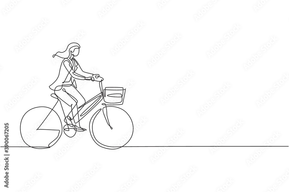 Obraz premium One single line drawing young happy startup employee woman ride bicycle to the coworking space graphic vector illustration. Healthy urban commuter lifestyle concept. Modern continuous line draw design