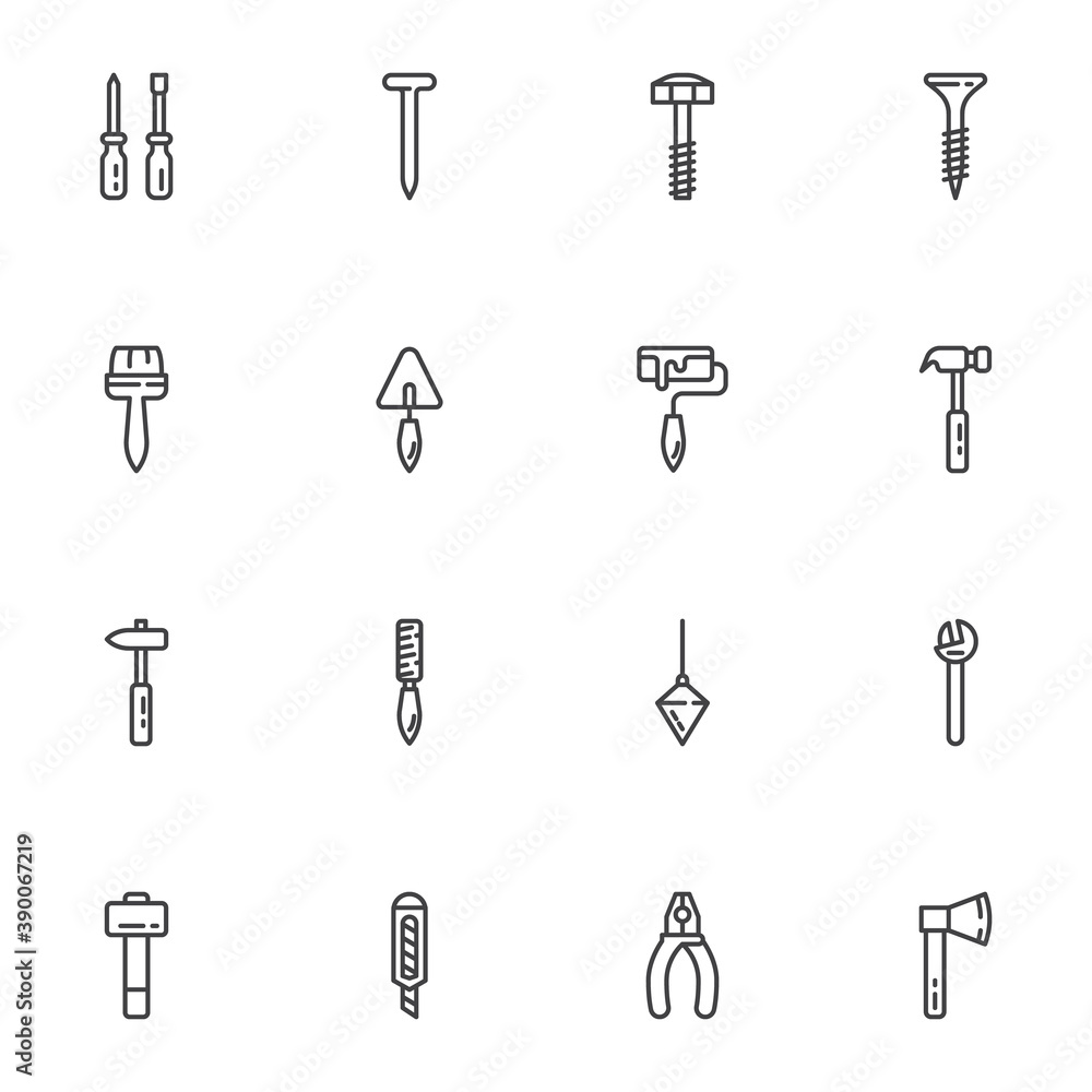 Construction tool line icons set, outline vector symbol collection, linear style pictogram pack. Signs, logo illustration. Set includes icons as screwdriver, screw, hammer, spanner, paint brush, knife Construction tool line icons set, outline vector symbol collection, linear style pictogram pack. Signs, logo illustration. Set includes icons as screwdriver, screw, hammer, spanner, paint brush, knife