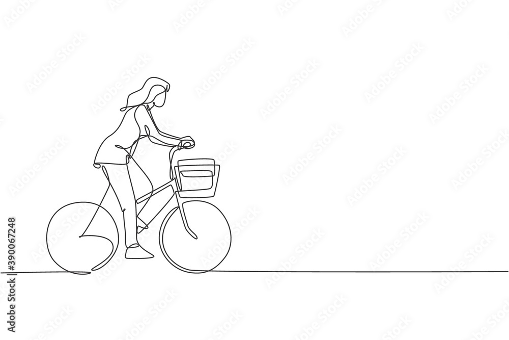 One single line drawing young happy startup employee woman ride bicycle to the coworking space vector illustration graphic. Healthy urban commuter lifestyle concept. Modern continuous line draw design One single line drawing young happy startup employee woman ride bicycle to the coworking space vector illustration graphic. Healthy urban commuter lifestyle concept. Modern continuous line draw design