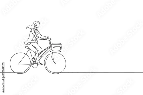 One single line drawing young happy startup employee woman ride bicycle to the coworking space graphic vector illustration. Healthy urban commuter lifestyle concept. Modern continuous line draw design