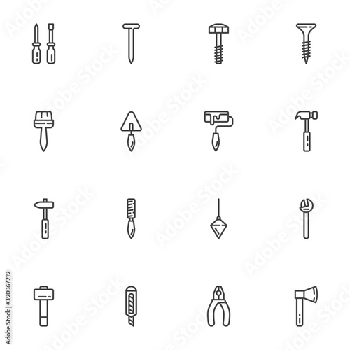 Construction tool line icons set, outline vector symbol collection, linear style pictogram pack. Signs, logo illustration. Set includes icons as screwdriver, screw, hammer, spanner, paint brush, knife