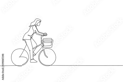 One single line drawing young happy startup employee woman ride bicycle to the coworking space vector illustration graphic. Healthy urban commuter lifestyle concept. Modern continuous line draw design