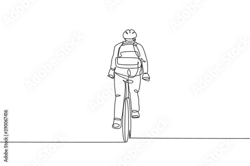 One continuous line drawing of young professional manager man cycling ride bike to his office, rear view. Healthy working urban lifestyle concept. Dynamic single line draw design vector illustration