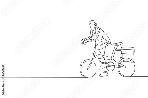 One continuous line drawing of young professional manager man cycling ride folding bicycle to his office. Healthy working urban lifestyle concept. Dynamic single line draw design vector illustration