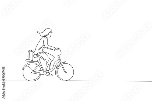 Single continuous line drawing of young professional businesswoman riding bicycle to her company. Bike to work, eco friendly transportation concept. Trendy one line draw design vector illustration