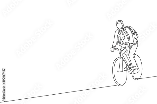 Single continuous line drawing young professional businessman riding bicycle to his company. Bike to work, eco friendly transportation concept. Trendy one line draw design vector illustration graphic