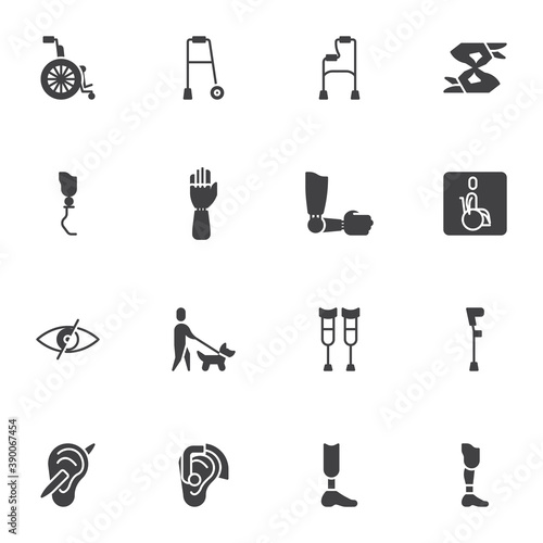 Prosthetic technology vector icons set, modern solid symbol collection, filled style pictogram pack. Signs, logo illustration. Set includes icons as disability walker, wheelchair, crutches, hearing
